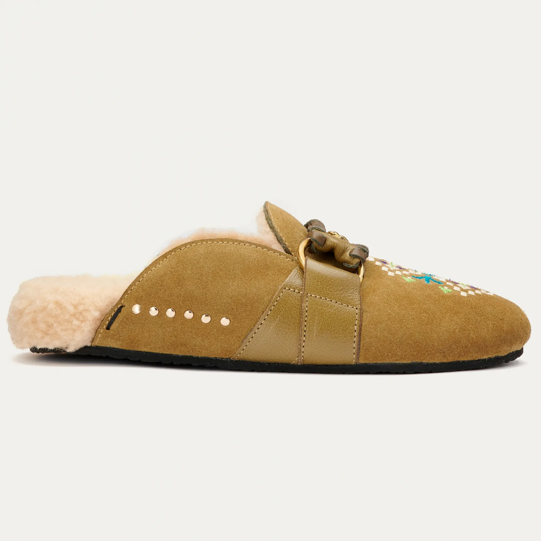 Outlet Claris Virot Mules Georgette Croûte Olive Brodée et Peau Lainée Crème