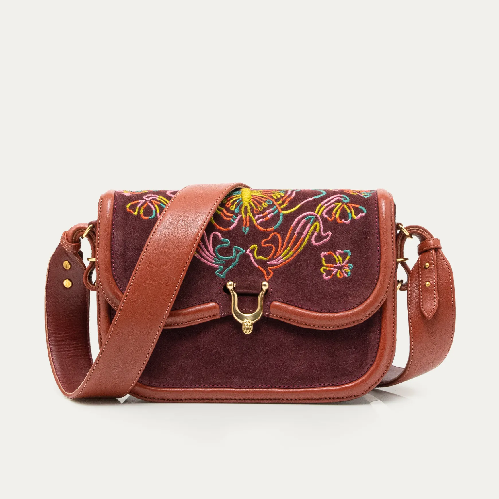 Discount Claris Virot Sac Manon Suède pourpre brodée Faune & Flore